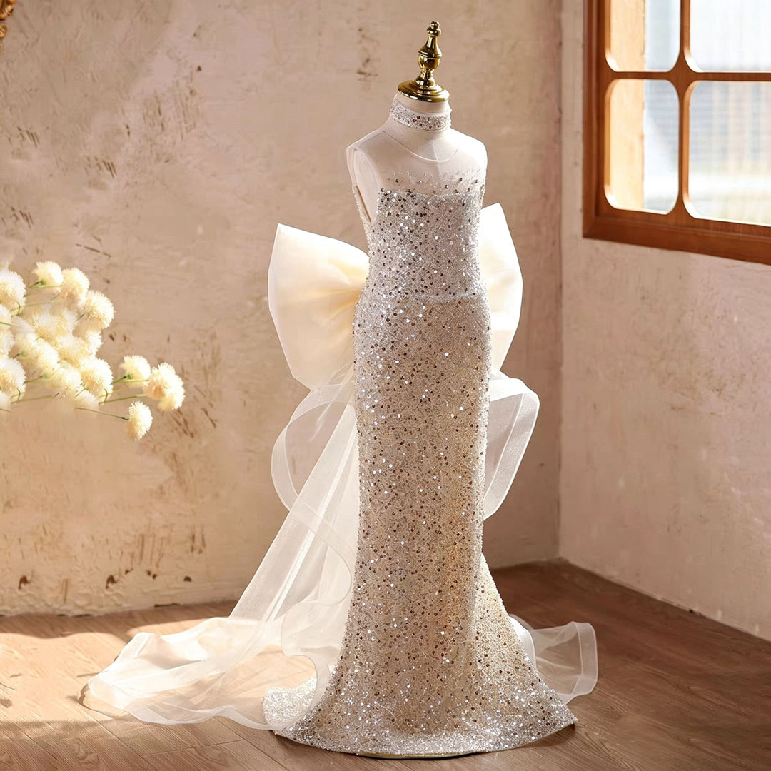 Luxury Champagne Sparkly Flower Girl Dress with Tulle Train D342