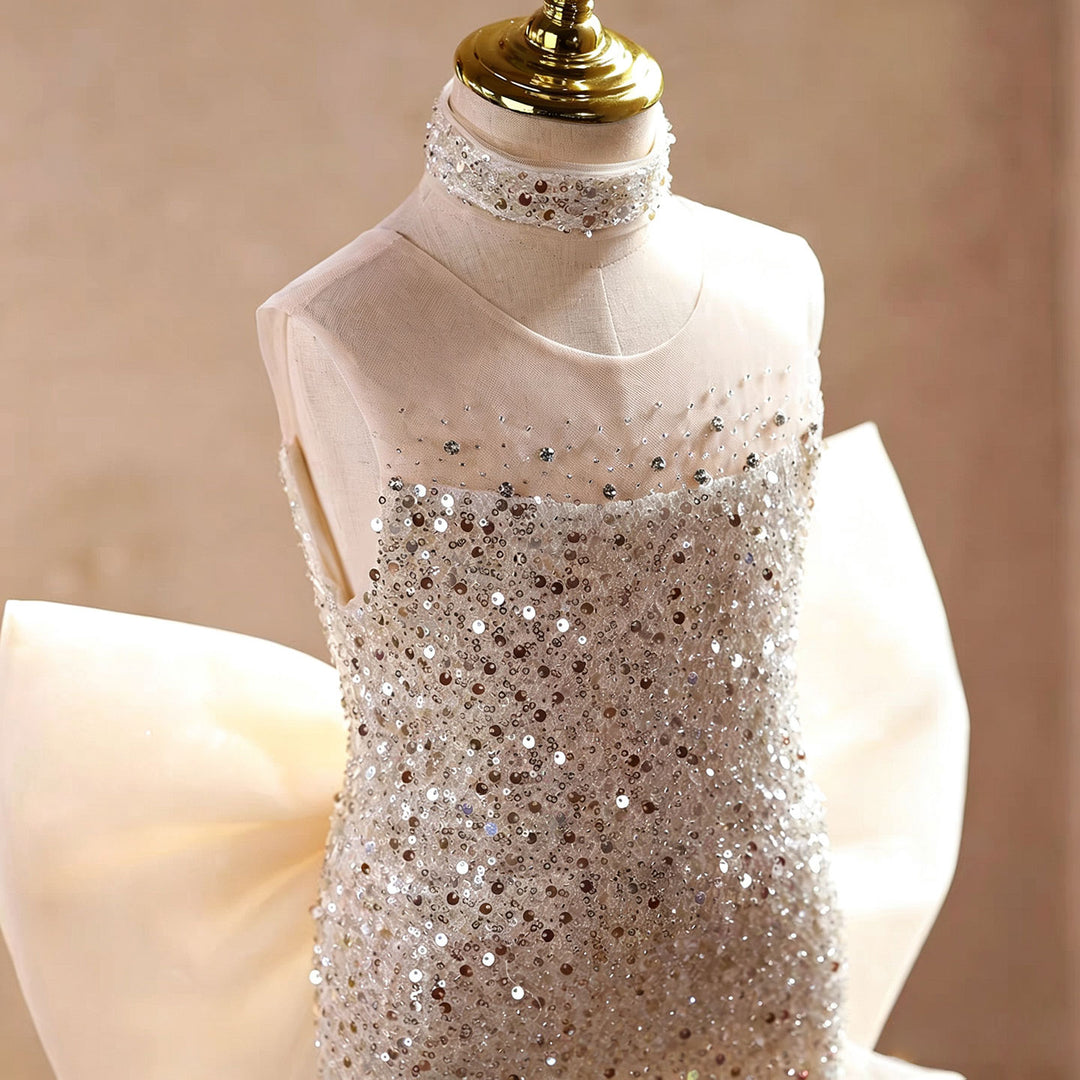 Luxury Champagne Sparkly Flower Girl Dress with Tulle Train D342
