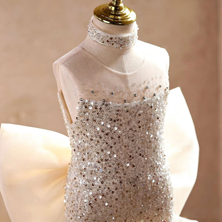 Luxury Champagne Sparkly Flower Girl Dress with Tulle Train D342