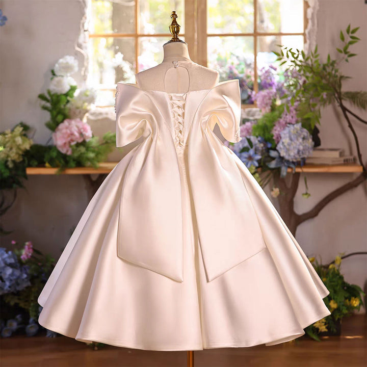 Luxury Off-White Satin Flower Girl Dress with Oversized Bow D339