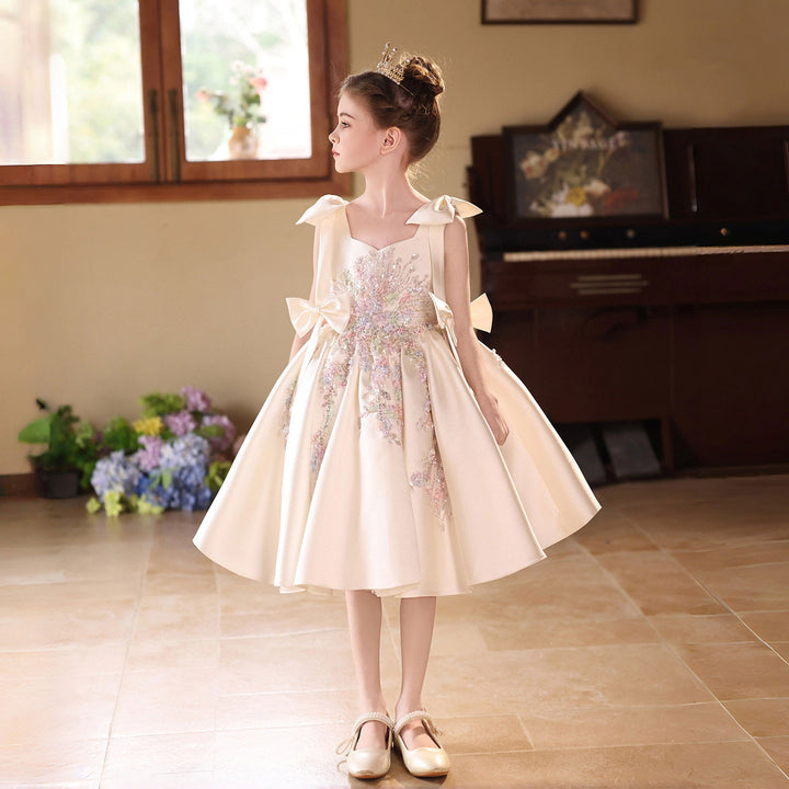 Luxury Off White Flower Girl Dress for Wedding Satin Bow Princess Party Dress J469