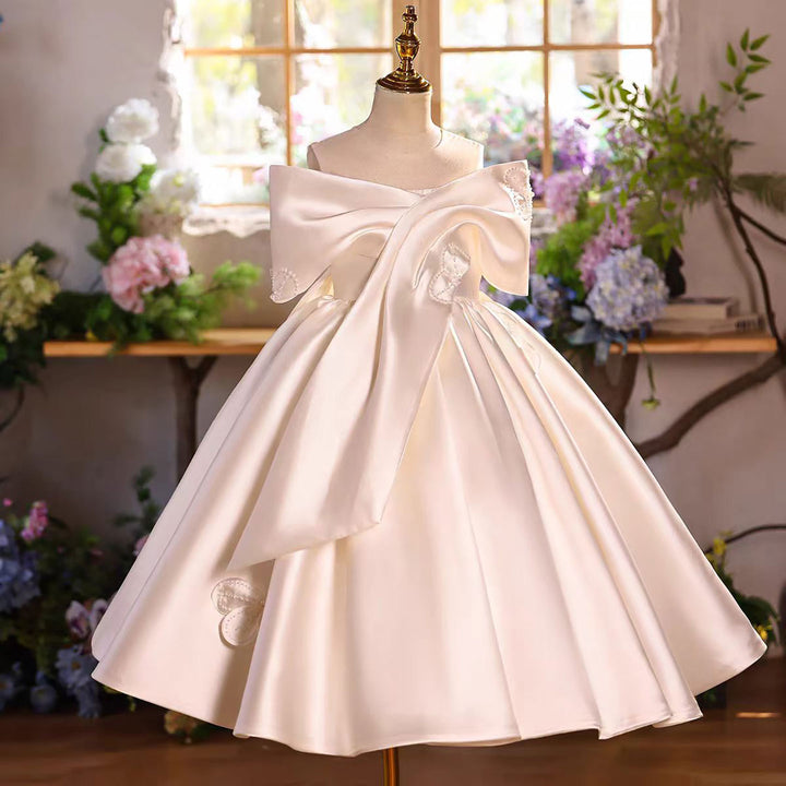 Luxury Off-White Satin Flower Girl Dress with Oversized Bow D339