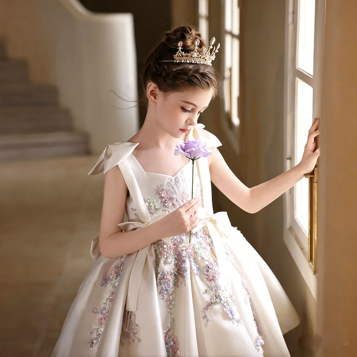 Luxury Off White Flower Girl Dress for Wedding Satin Bow Princess Party Dress J469