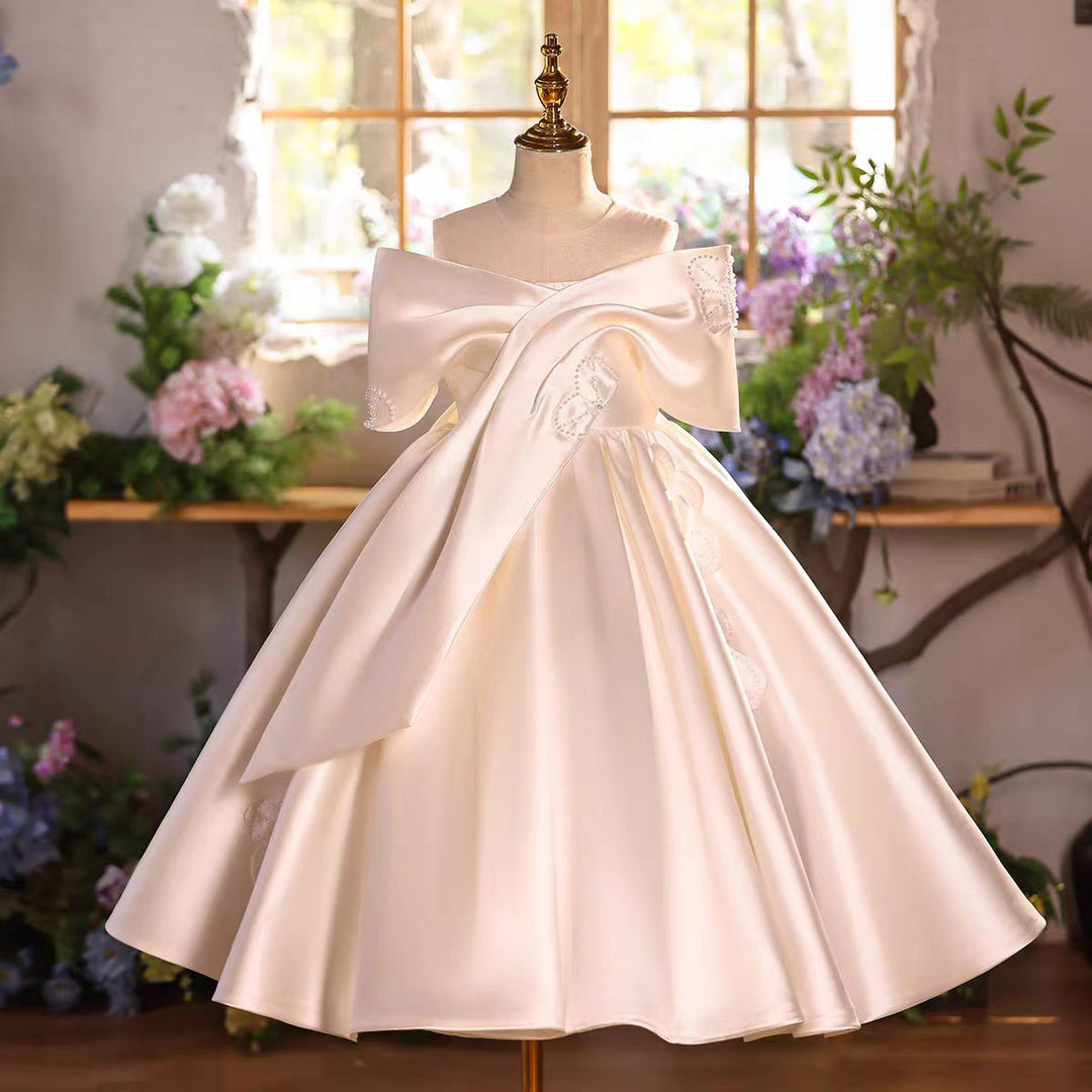 Luxury Off-White Satin Flower Girl Dress with Oversized Bow D339