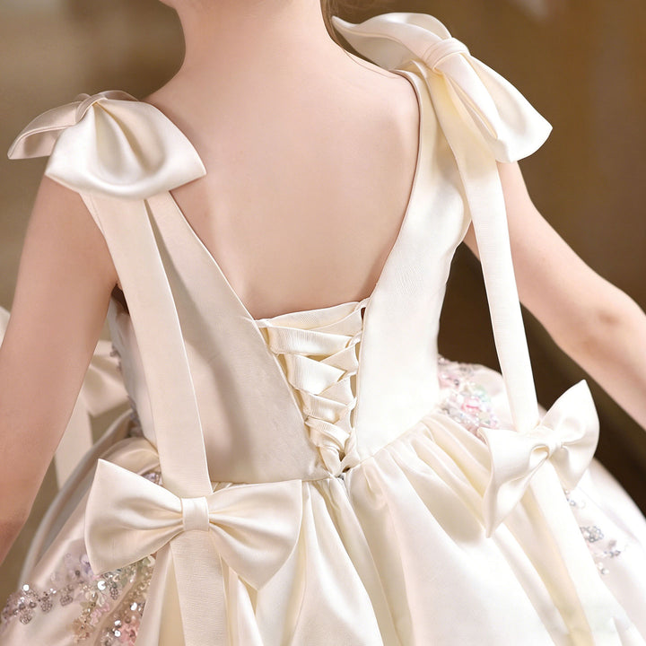 Luxury Off White Flower Girl Dress for Wedding Satin Bow Princess Party Dress J469