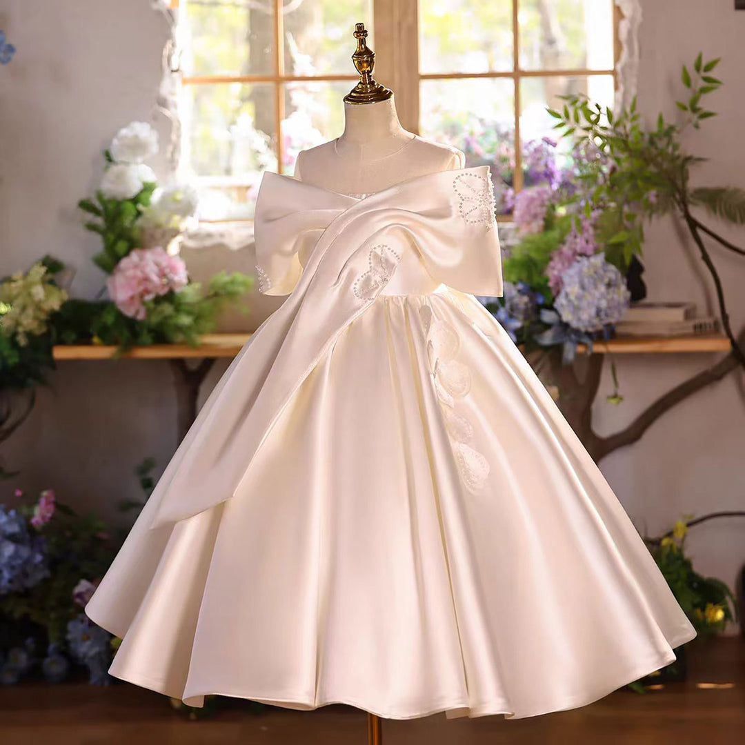 Luxury Off-White Satin Flower Girl Dress with Oversized Bow D339