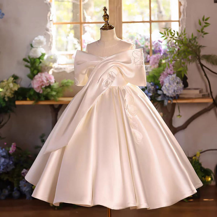 Luxury Off-White Satin Flower Girl Dress with Oversized Bow D339