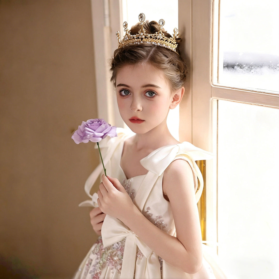Luxury Off White Flower Girl Dress for Wedding Satin Bow Princess Party Dress J469