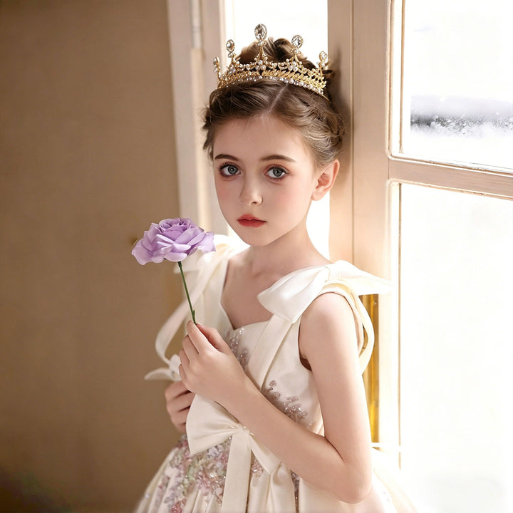 Luxury Off White Flower Girl Dress for Wedding Satin Bow Princess Party Dress J469