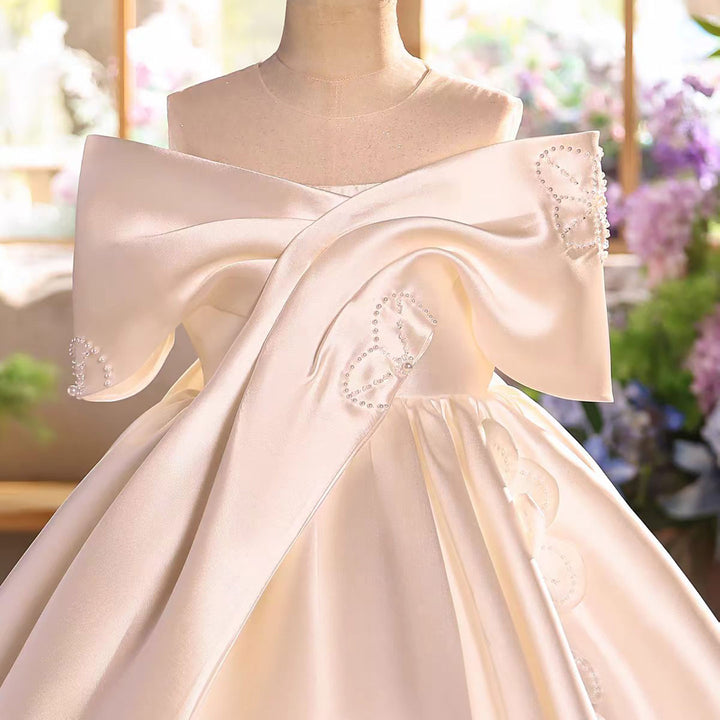Luxury Off-White Satin Flower Girl Dress with Oversized Bow D339