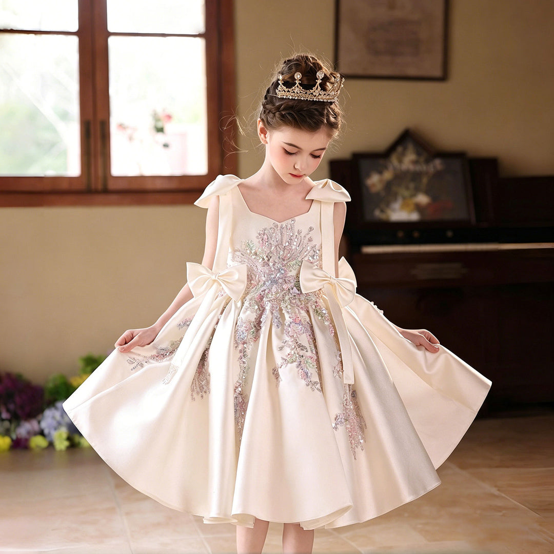 Luxury Off White Flower Girl Dress for Wedding Satin Bow Princess Party Dress J469