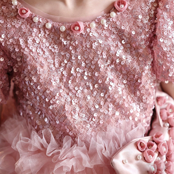Luxury Pink Sequin Flower Girl Dress with Ruffle Tulle Skirt for Wedding J433