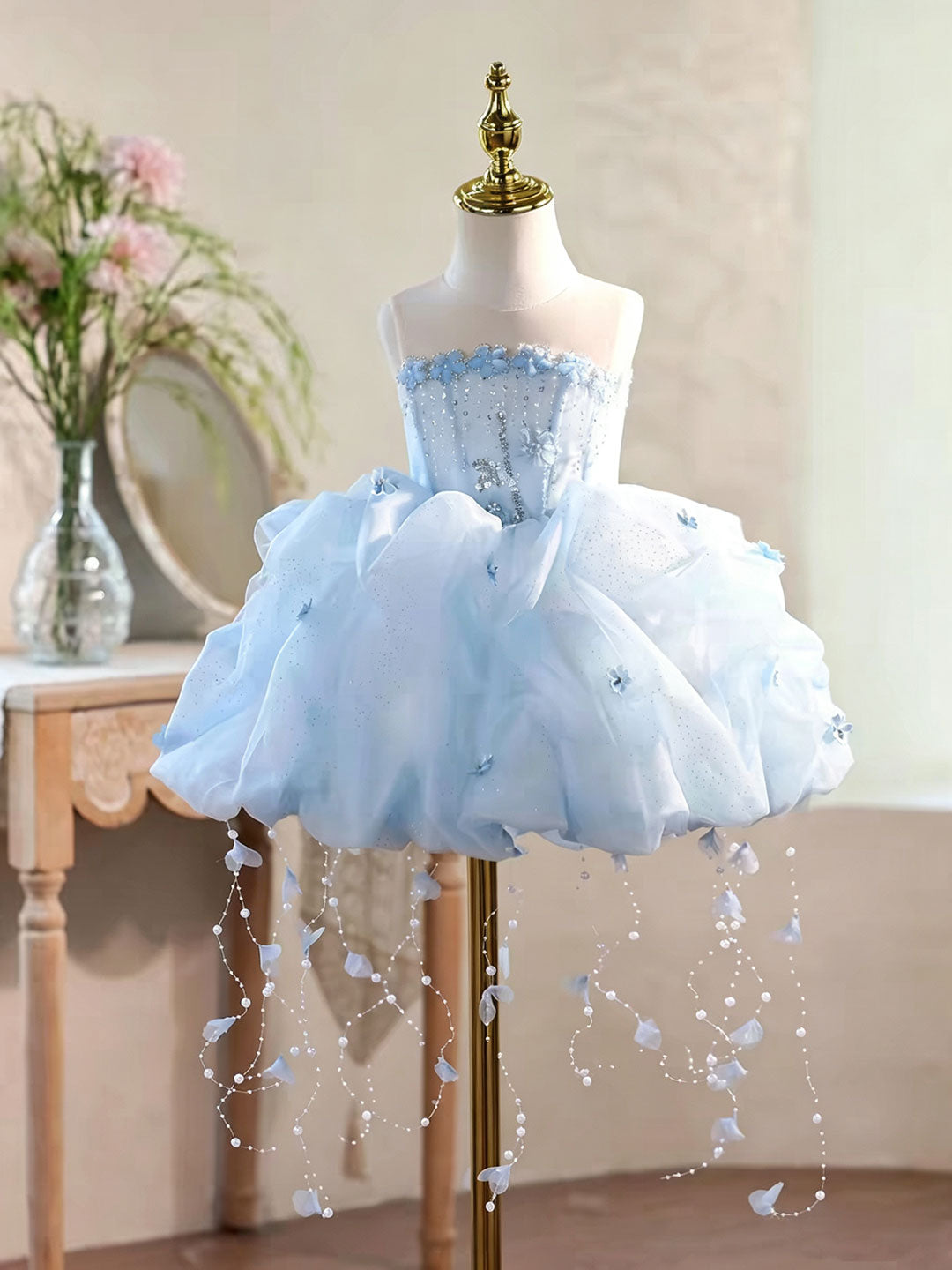 Blue Puffy Tulle Flower Girl Dress for Girls Party Dress J902
