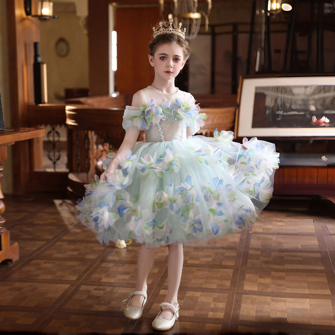 Turquoise Floral Tulle Flower Girl Dress for Girls Princess Party Dress J528 Turquoise Floral Tulle Flower Girl Dress for Girls Princess Party Dress J528