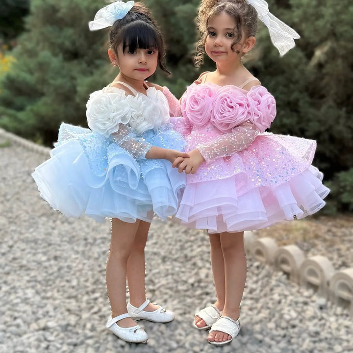 Flower Girl Dress with 3D Floral Accents Sparkling Sequins D099