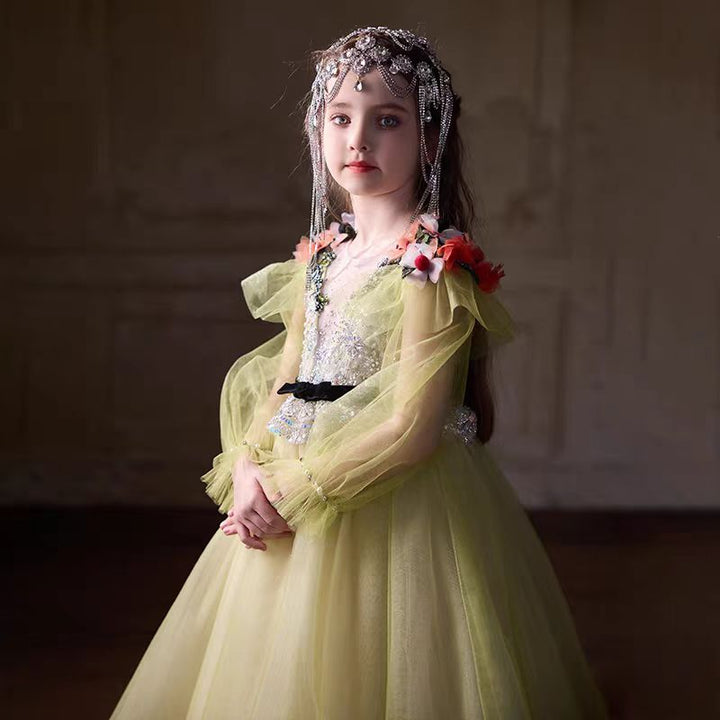 Light Yellow Flower Girl Dress with Red 3D Flowers Sequins J270