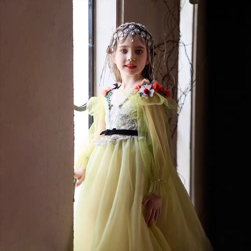 Light Yellow Flower Girl Dress with Red 3D Flowers Sequins J270