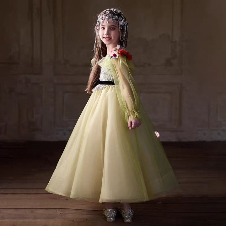 Light Yellow Flower Girl Dress with Red 3D Flowers Sequins J270