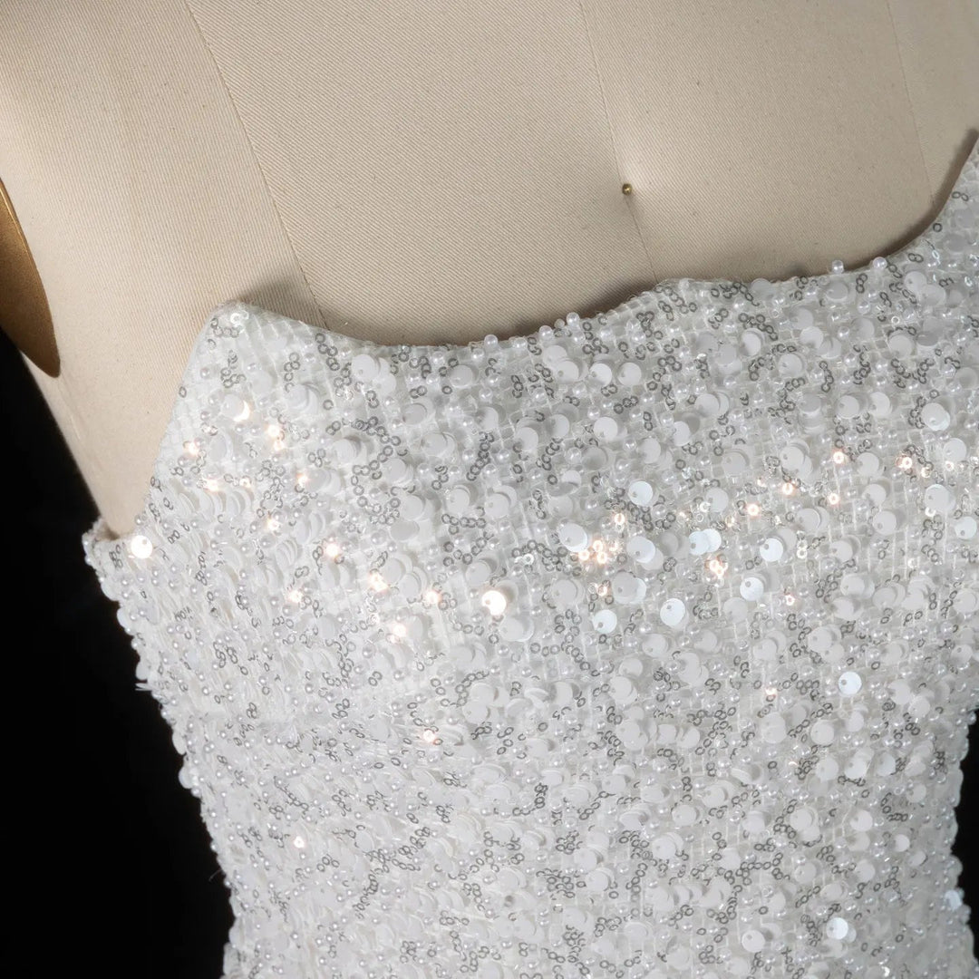 Elegant White Sequin and Pearl Strapless Mini Wedding Dress SW520