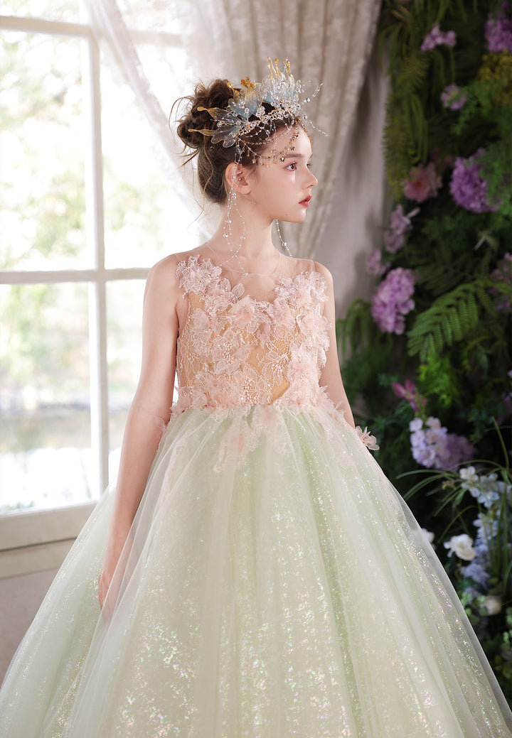 Sage Green Floral Lace Princess Ball Gown Flower Girl Dress J118