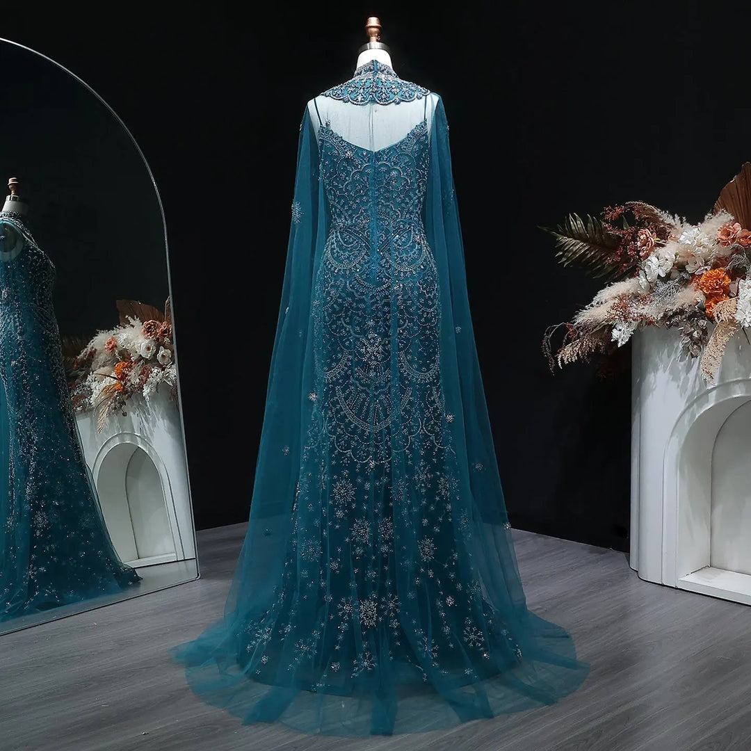 Luxury Teal High Neck Beaded Evening Gown with Sheer Long Sleeves Cape SS028