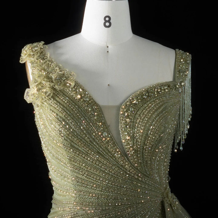 ‌ Luxury Intricately Beaded Fringe-Shoulder Fitted Evening Gown SS103