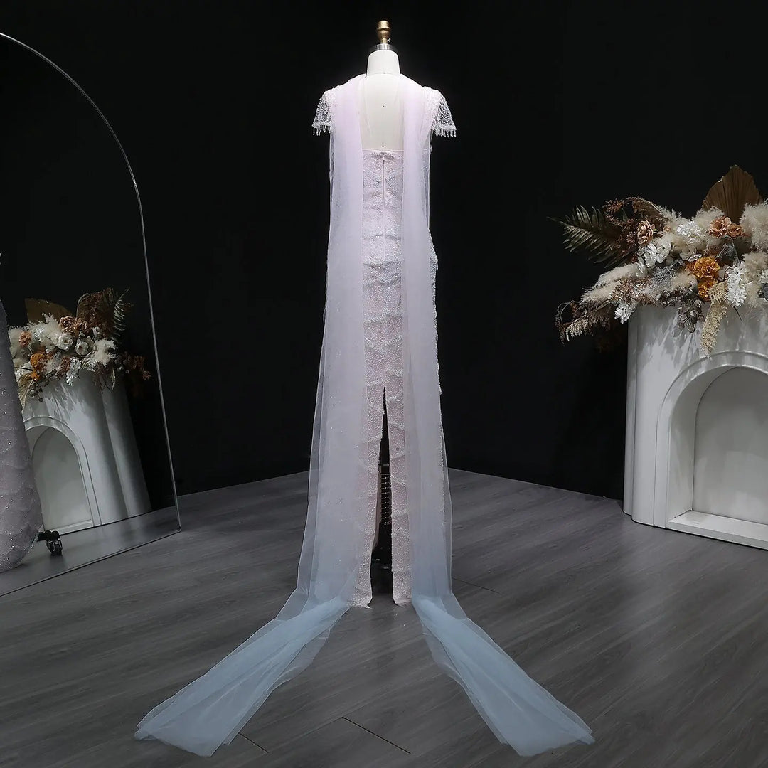 Luxury Gradient White Beaded Layered Evening Gown with Scarf SS523