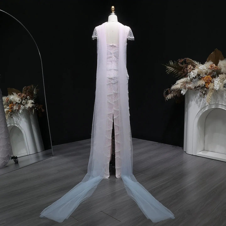 Luxury Gradient White Beaded Layered Evening Gown with Scarf SS523