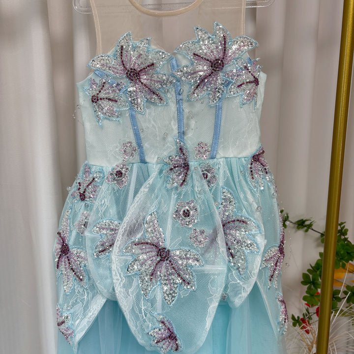 Beaded Blue Flower Girl Dress for Kids Party Birthday J392