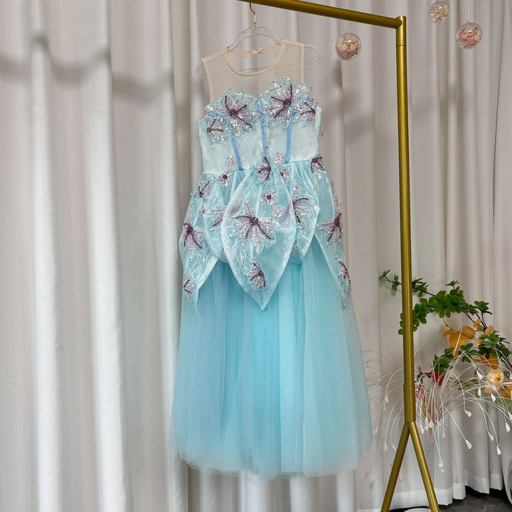 Beaded Blue Flower Girl Dress for Kids Party Birthday J392