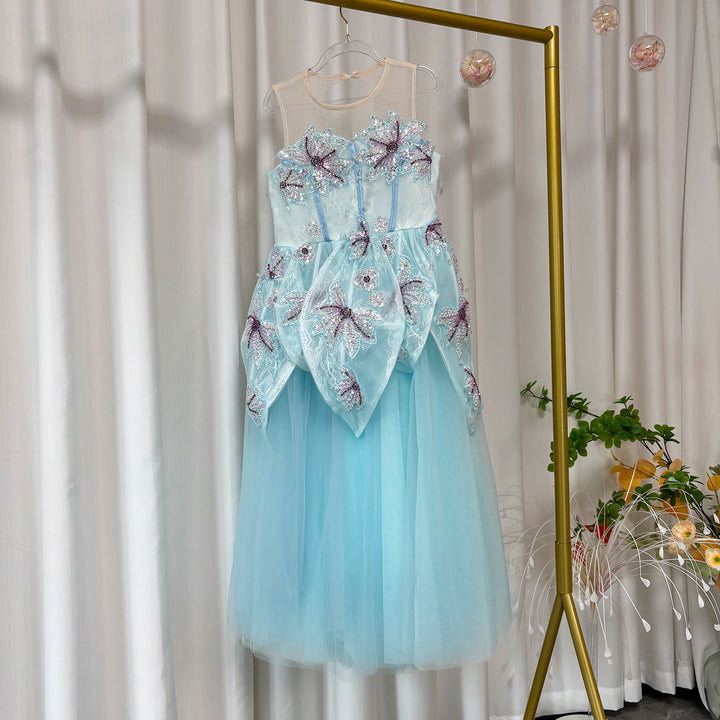 Beaded Blue Flower Girl Dress for Kids Party Birthday J392