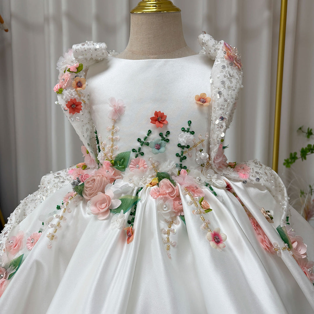 Luxury White Floral Embroidered Princess Birthday Dress J830