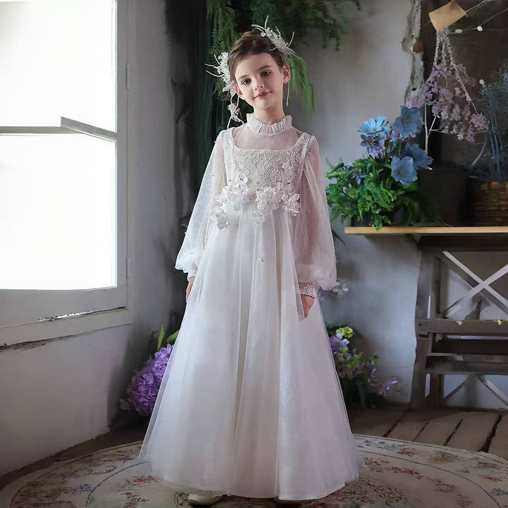 Dreamy White Princess Pageant Dress with Lace and Sleeves J089
