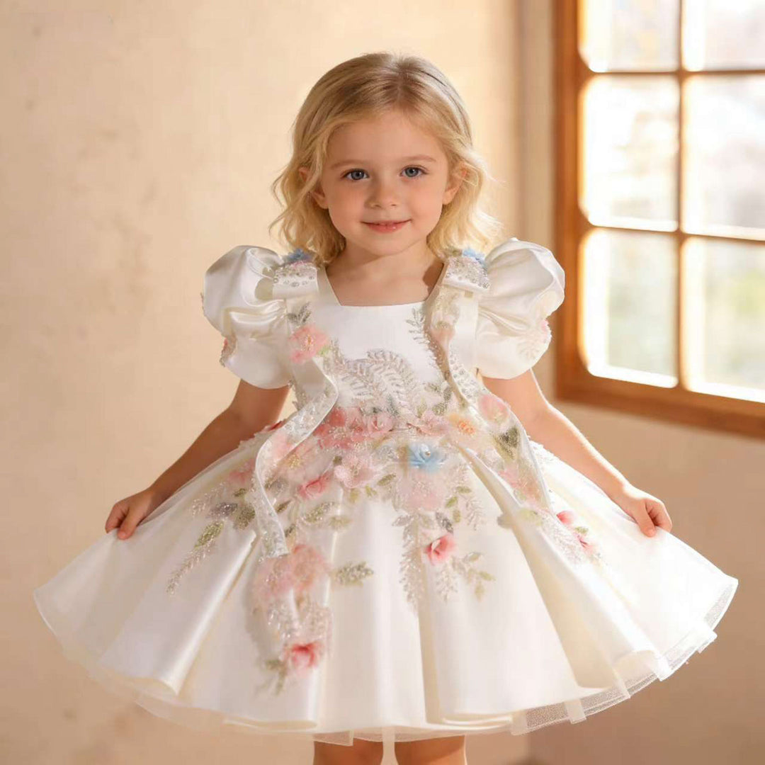 Luxury White Princess Dress with Beaded Flowers for Birthday Girls J840