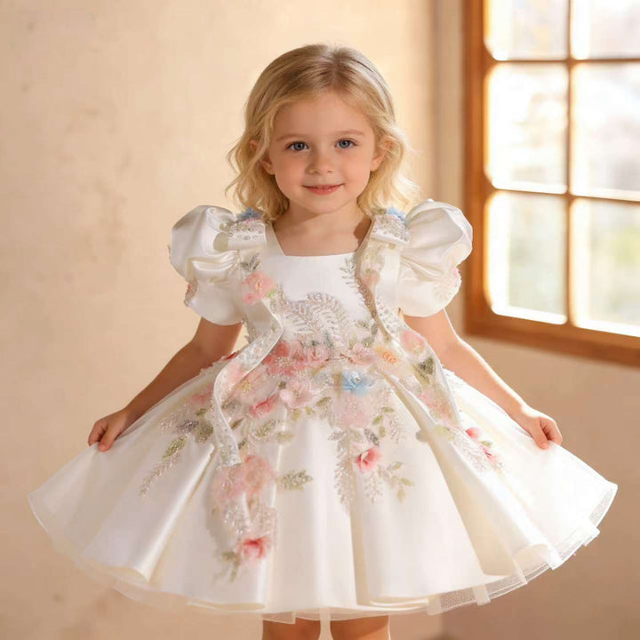 Luxury White Princess Dress with Beaded Flowers for Birthday Girls J840