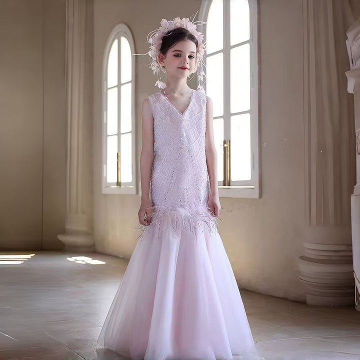 Charming Flower Girl V-Neck Dress for Birthday and Pageant Celebrations J328