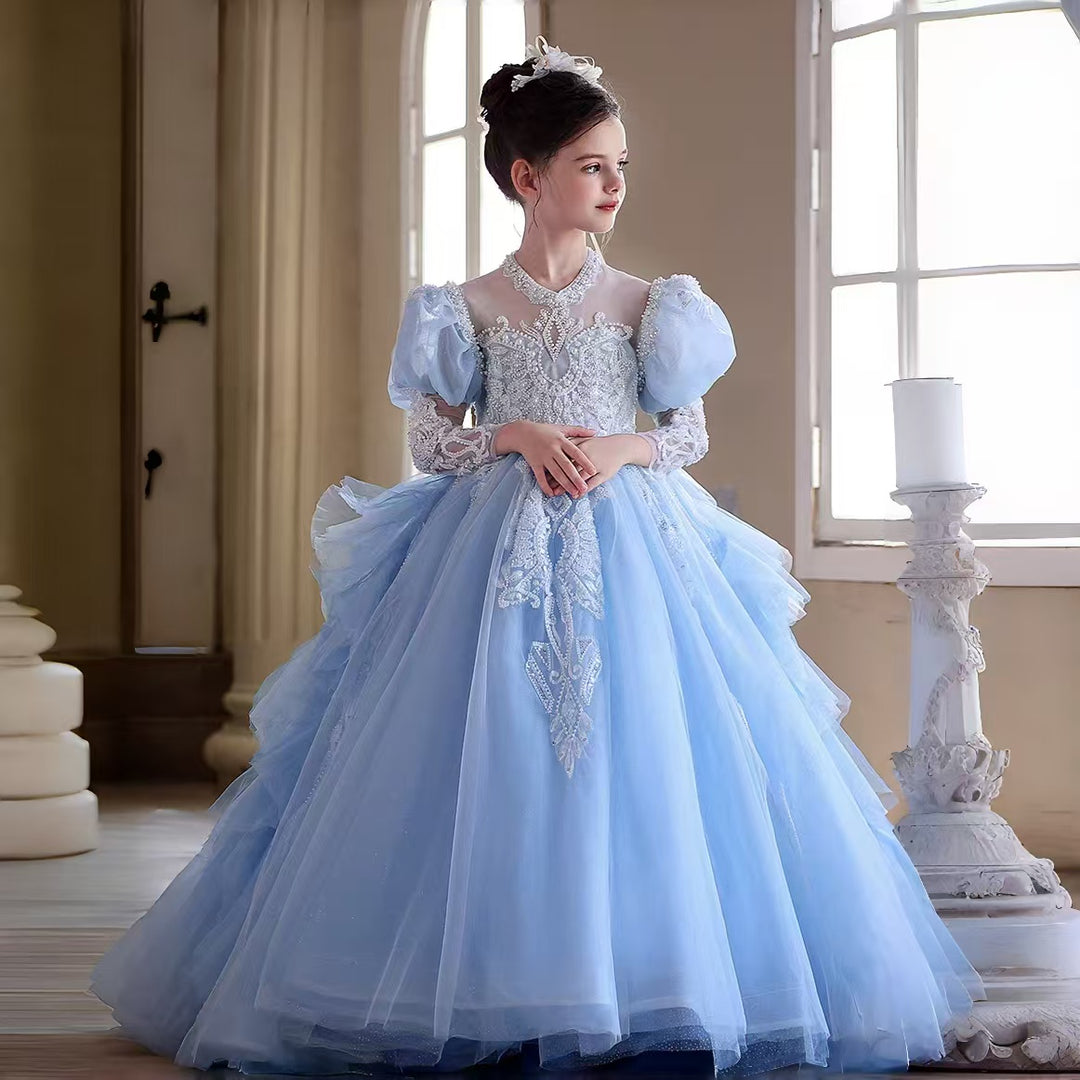 Blue Luxury Princess Girl Dress for Birthday Party Pageant J190 Blue / child-14 Blue Luxury Princess Girl Dress for Birthday Party Pageant J190 Blue / child-14