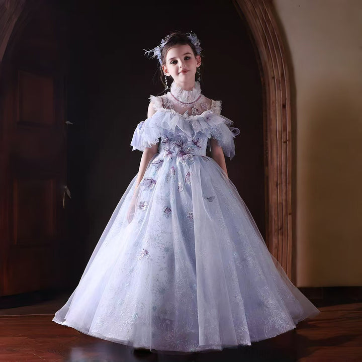 Luxury Blue Princess Pageant Dress with Off Shoulder Design J338