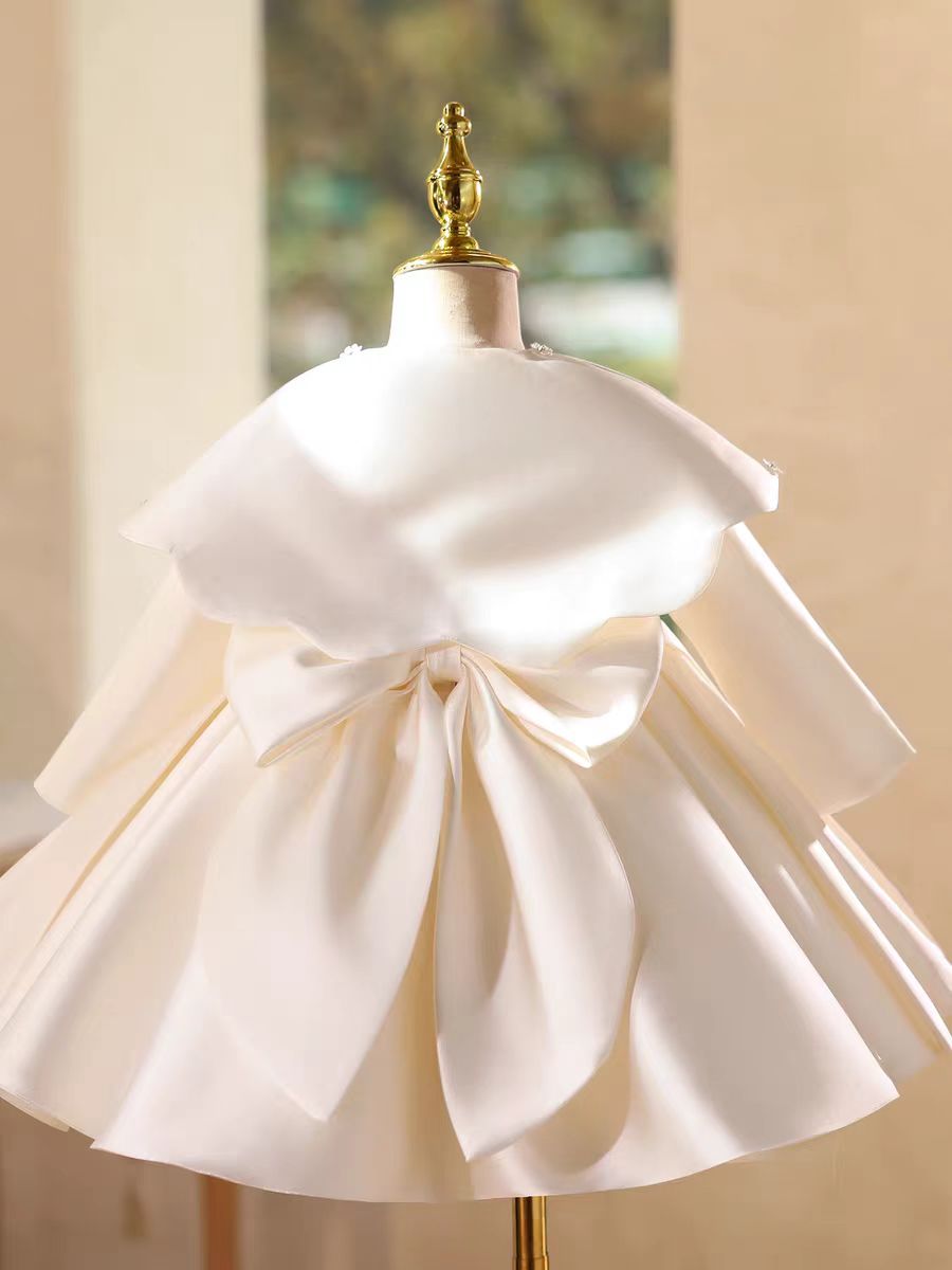 Luxury White Cape Satin Flower Girl Dress with Long Sleeves M184