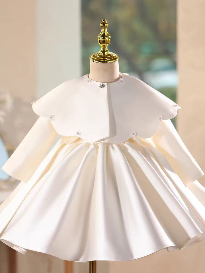 Luxury White Cape Satin Flower Girl Dress with Long Sleeves M184