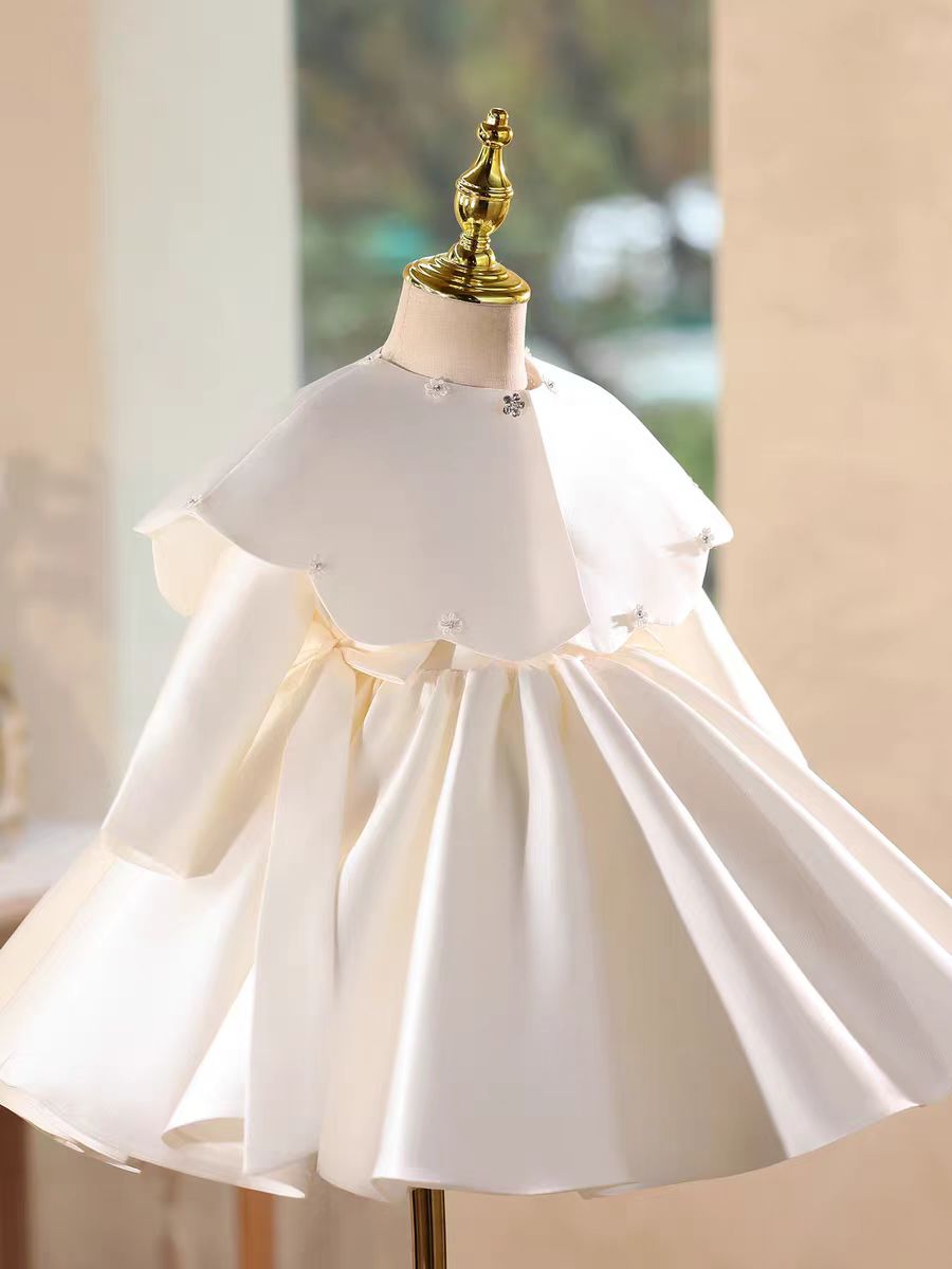 Luxury White Cape Satin Flower Girl Dress with Long Sleeves M184
