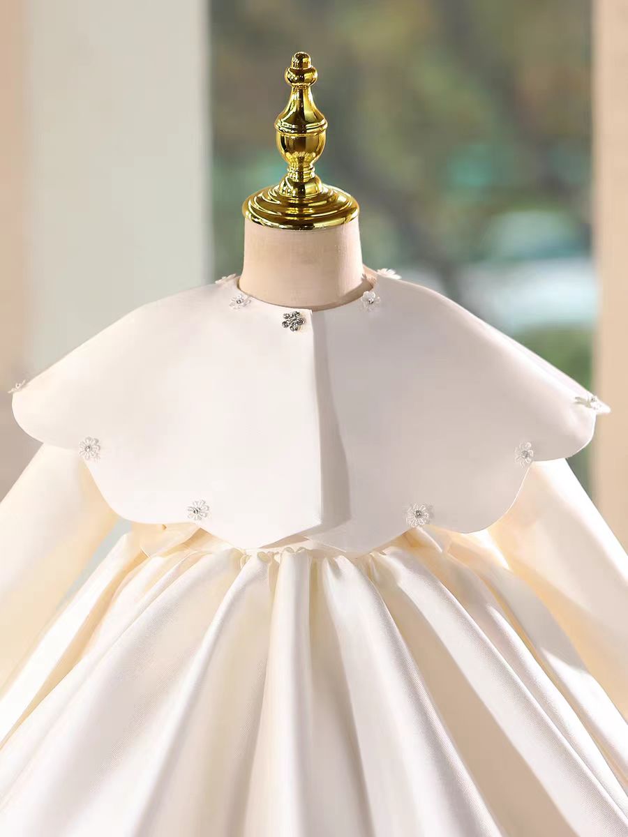 Luxury White Cape Satin Flower Girl Dress with Long Sleeves M184