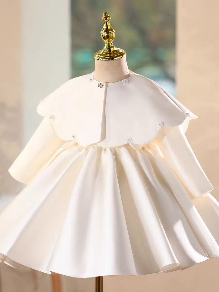 Luxury White Cape Satin Flower Girl Dress with Long Sleeves M184