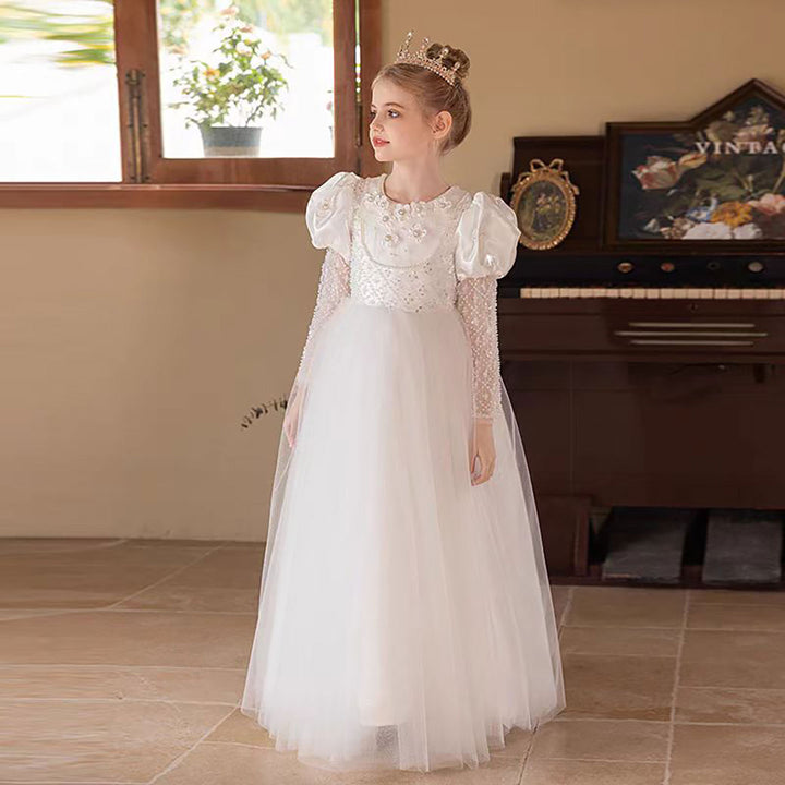 Elegant Beaded Appliqué White Tulle Flower Girl Dress D312