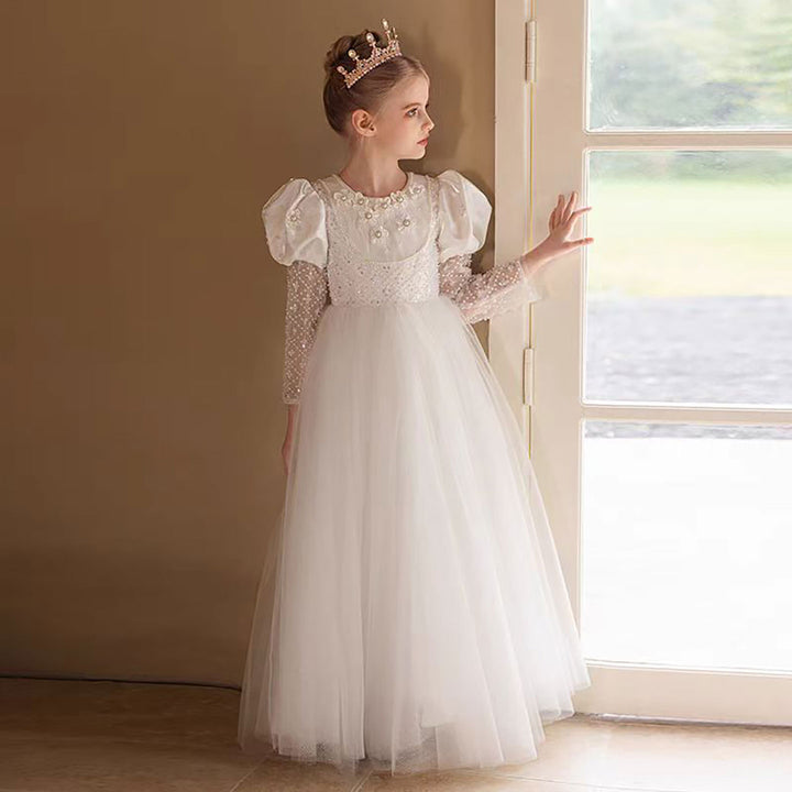 Elegant Beaded Appliqué White Tulle Flower Girl Dress D312