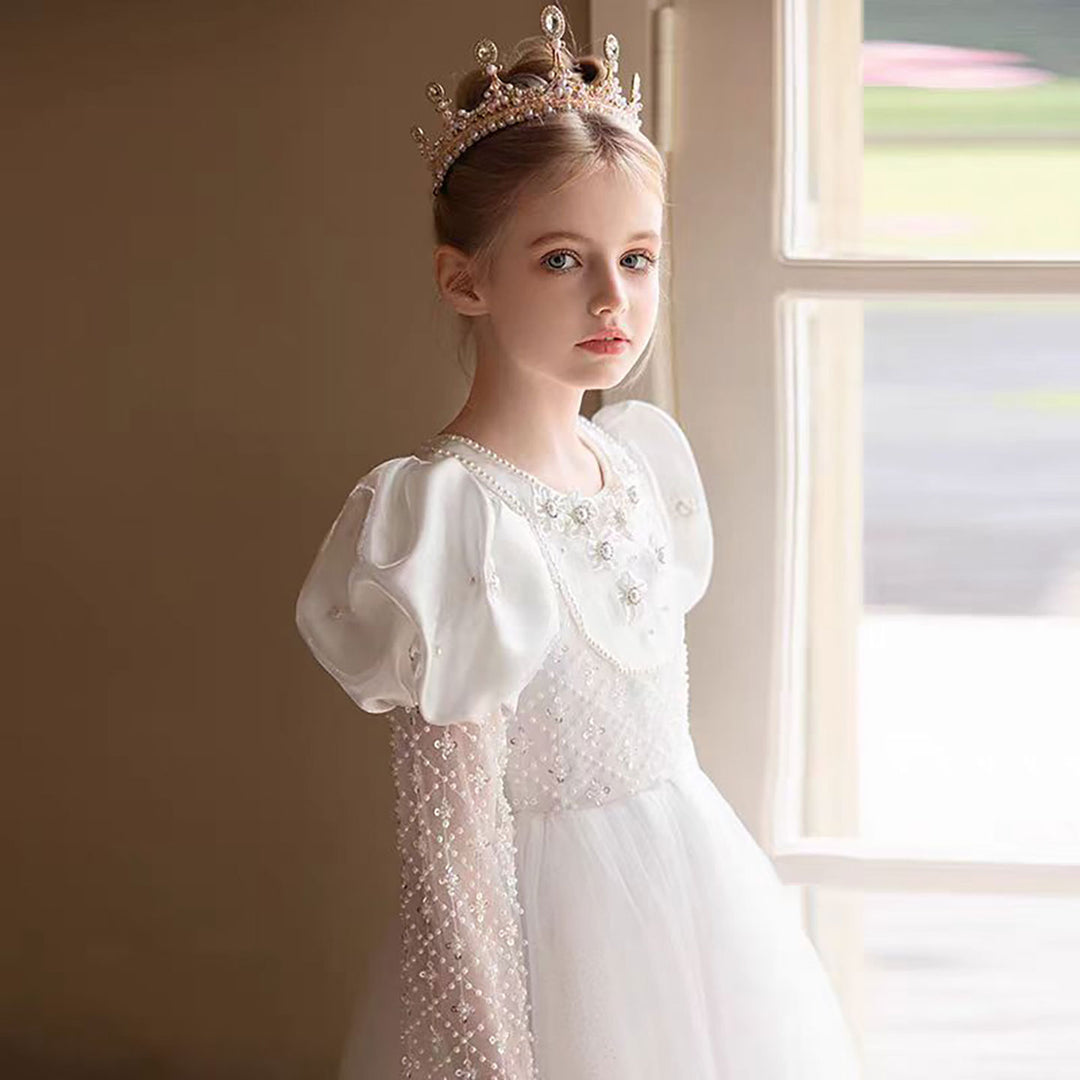 Elegant Beaded Appliqué White Tulle Flower Girl Dress D312