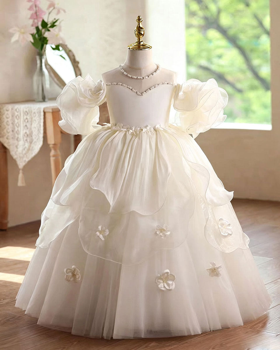 Elegant White Princess Flower Girl Dress for Girls Puffy Tulle Gown D3 DreamyVow Elegant White Princess Flower Girl Dress for Girls Puffy Tulle Gown D3 DreamyVow