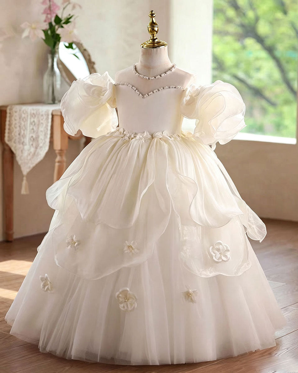 Elegant White Princess Flower Girl Dress for Girls Puffy Tulle Gown D341