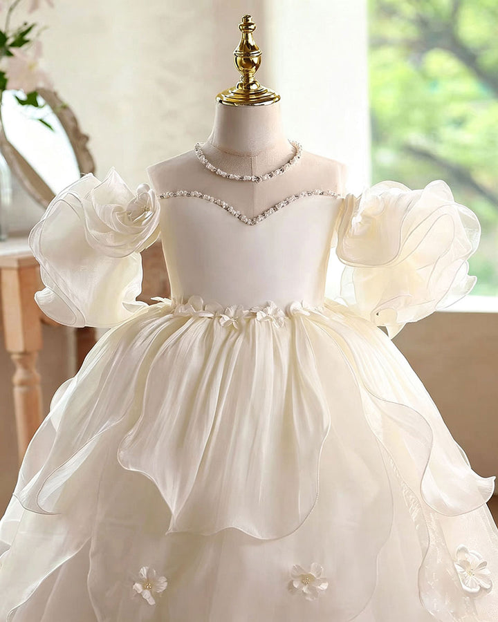 Elegant White Princess Flower Girl Dress for Girls Puffy Tulle Gown D341