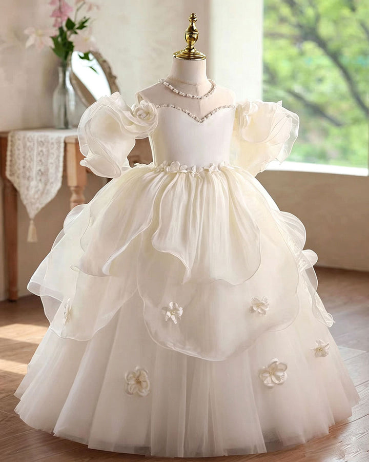 Elegant White Princess Flower Girl Dress for Girls Puffy Tulle Gown D341